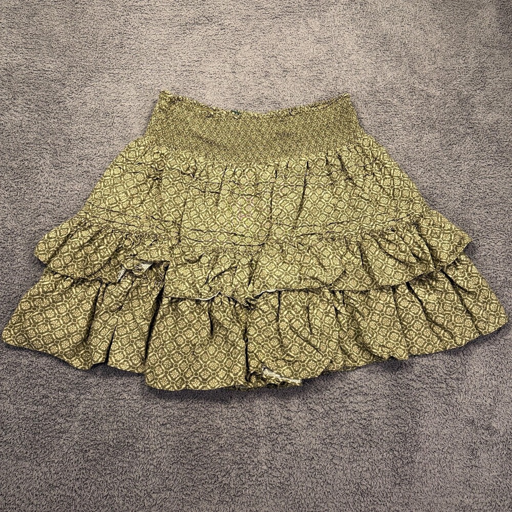 Lauren Ralph Lauren Skirt Womens 8 Green Tiered Ruffle Smocked Floral Boho Fairy